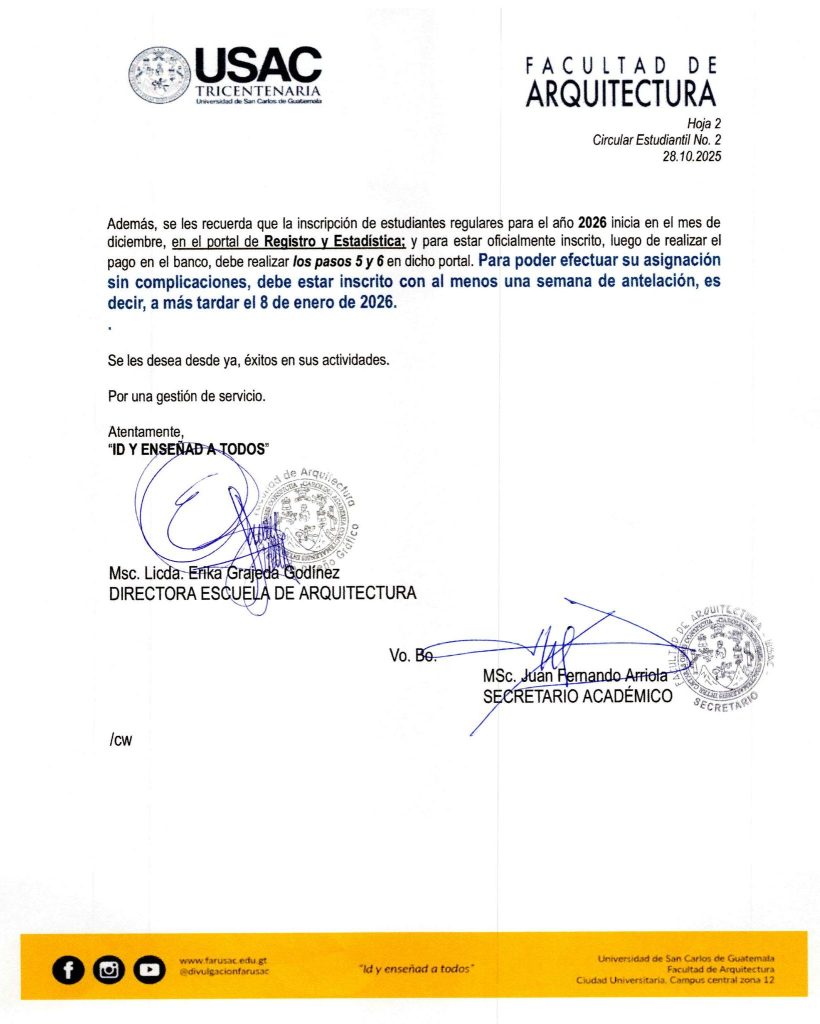 Circular donde se brinda información sobre la inscripción de estudiantes regulares para el año 2026