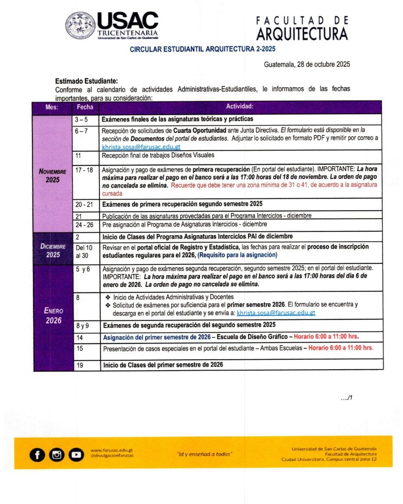 Fechas imporatantes Escuela de Diseño Gráfico: Noviembre 2025, Diciembre 2025, Enero 2026